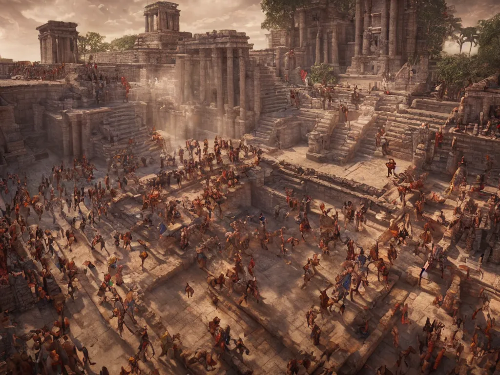 Image similar to 3 d render of aztec and mayan priests resurrecting the gods in a temple, cutscene, concept art, highly detailed, unreal engine, 4 k,