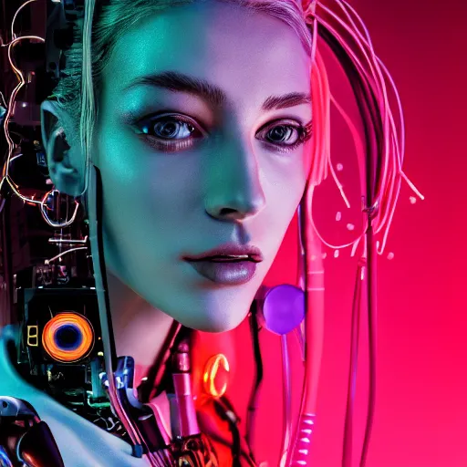 Image similar to A beautiful blonde model who is half of a robot with wires coming out of her head, Cyberpunk, neon, 60s, Sony a7R IV, symmetric balance, polarizing filter, Photolab, Lightroom, 4K, Dolby Vision, Photography Award