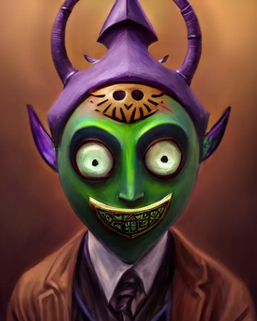 Image similar to character concept art of the happy mask salesman from the legend of zelda : majora's mask | | handsome - fine - face, pretty face, realistic shaded perfect face, fine details by stanley artgerm lau, wlop, rossdraws, james jean, andrei riabovitchev, marc simonetti, and sakimichan, tranding on artstation