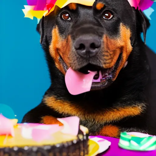 Prompt: a high - quality photo of a cute rottweiler with a half - eaten birthday cake, party streamers, 4 5 mm, f 3. 5, sharpened, iso 2 0 0, raw,