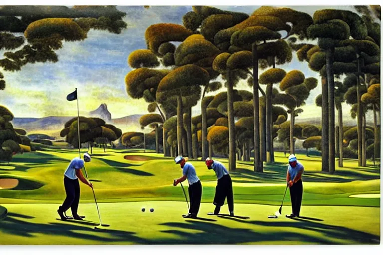 Image similar to Three golfers on a beautiful golf course, by Diego Rivera