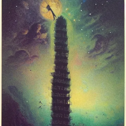 Image similar to auralwavewave tall misty galaxy cocobao crayola crayon heaven grain, by William Hogarth and Vincent Di Fate, matte painting, smooth tall fluffy hell vapor witch's garden tower phant