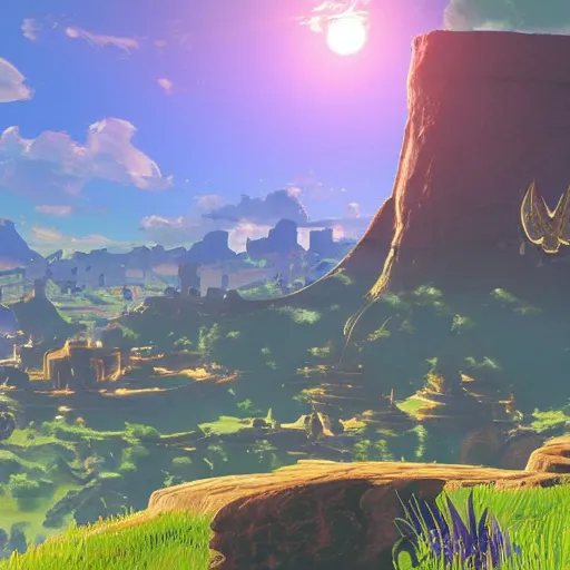 Image similar to detailed scenery from the legend of zelda breath of the wild, breath of the wild art style.