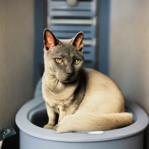 Image similar to Portra 400 a russian blue cat sitting on top of a german sheppherd in a space toilet