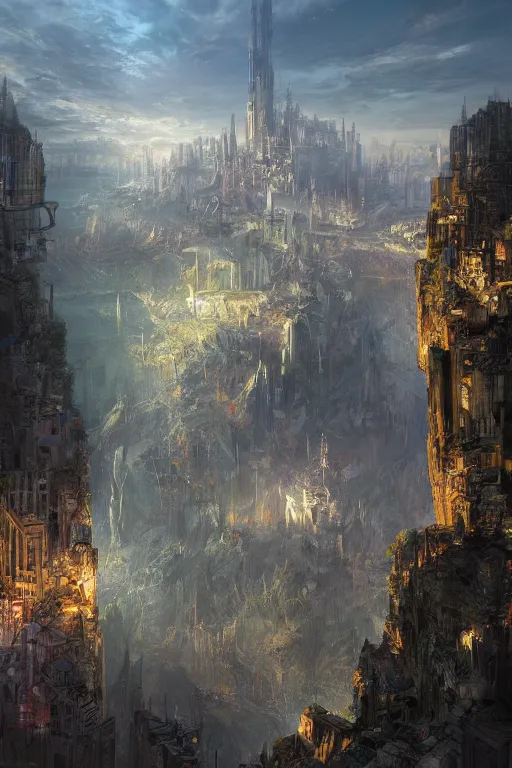 Prompt: Baroque fantasy metropolis of tall towers at the top of a cliff looking over a river, by Marc Simonetti, matte painting, concept art, chiaroscuro, trending on artstation, HD