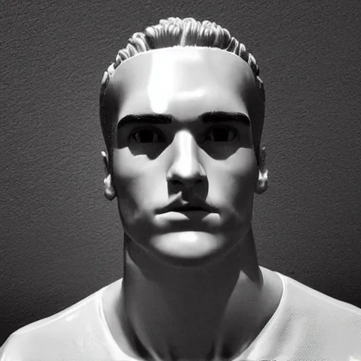 Image similar to “ a realistic detailed photo of a guy who is an attractive humanoid who is half robot and half humanoid, who is a male android, soccer player antoine griezmann, shiny skin, posing like a statue, blank stare, at the museum, on display ”