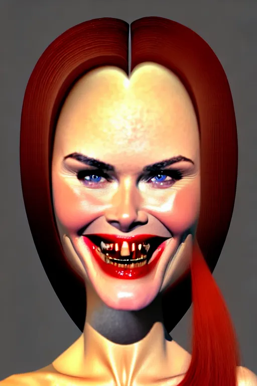 Image similar to mix of beautiful young maria shriver, mariel hemmingway, brooke shields, nicole kidman and elle macpherson as a vampire showing vampire teeth, ready to bite, thin lips, hair tied up in a pony tail, dark blonde hair, colorful, deviantart, artstation, cgsociety