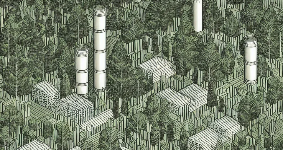 Image similar to geometric art, detailed matte illustration, geometric art by robert h hudson, detailed illustration of large factory in a beautiful forest and undergrowth