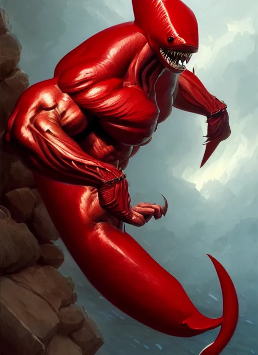 Prompt: portrait of a super muscular red humanoid shark breaking a wall, d & d, muscular! fantasy, intricate, elegant, highly detailed, digital painting, artstation, concept art, smooth, sharp focus, illustration, art by artgerm and greg rutkowski and alphonse mucha