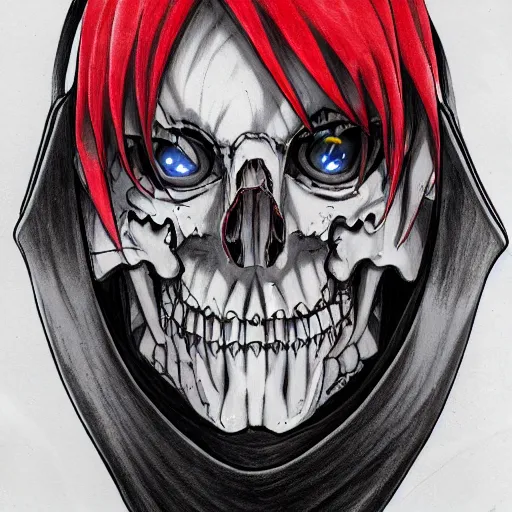 Image similar to A anime still of a grim reaper by Takeshi Obata, skeleton face symmetrical face,symmetrical body, worn clothes, military boots,colors red and black and white, pencil art on paper