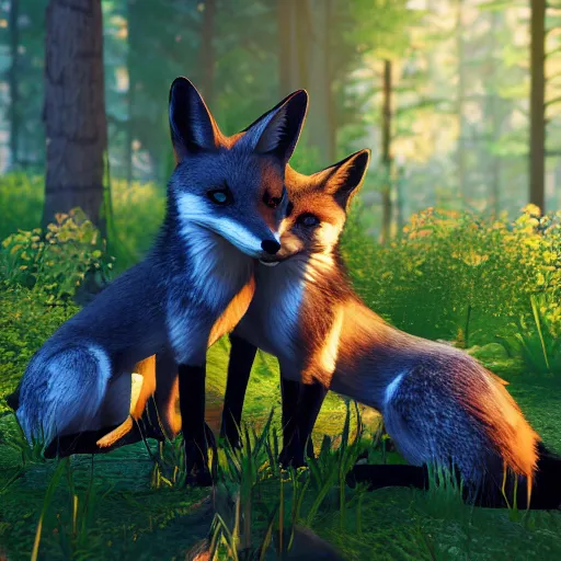 Image similar to second life in game screenshot of black foxes cuddling next to each other in a beautiful fantasy forest lit with fireflies, 3 d render, octane engine, unreal engine 4, 4 k screenshot