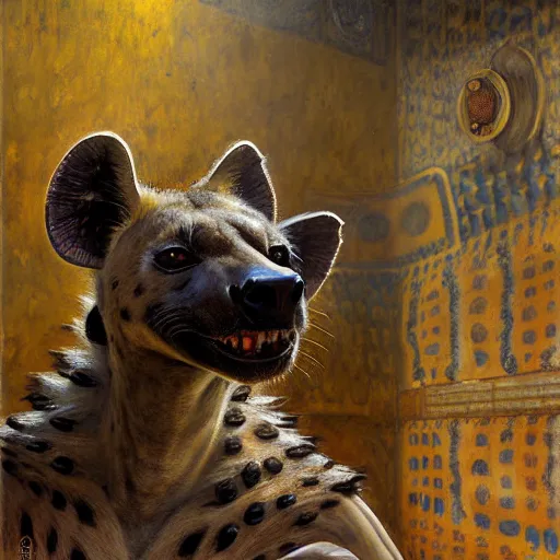 Image similar to portrait of a male hyena in a public bath. shadowrun furaffiniy cyberpunk fantasy highly detailed painting by gaston bussiere craig mullins jc leyendecker gustav klimt artgerm greg rutkowski john berkey, bergey, craig mullins, ruan jia, raymond swanland, jeremy mann, tom lovell, alex malveda