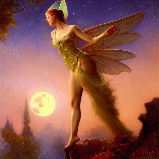 Image similar to attractive fairy magically floating high in the night, fantasy, full moon in background. highly detailed painting by gaston bussiere, craig mullins, j. c. leyendecker, sharp focus, 8 k