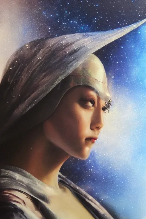 Image similar to hyperrealism oil painting, close - up portrait of caucasian medieval fashion model, knight, steel gradient mixed with nebula sky, in style of baroque mixed with 7 0 s japan book art