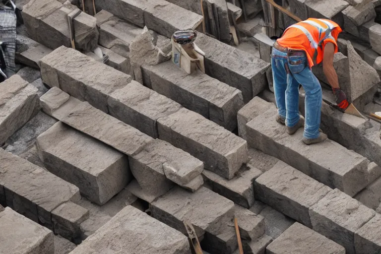 Image similar to a man made of stone, wearing a plaid shirt, working construction