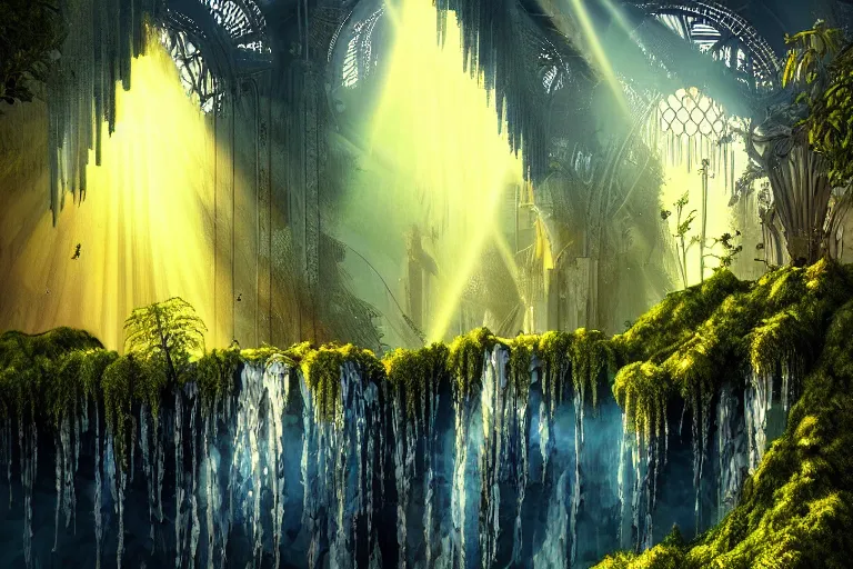 Prompt: gothic waterfall favela honeybee hive, art nouveau environment, crepuscular rays, industrial factory, award winning art, epic dreamlike fantasy landscape, ultra realistic,