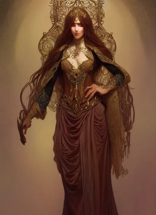 Image similar to character portrait of a modest woman, tall, feminine, powerful, modestly clothed, voluminous, intricate, elegant, highly detailed, digital painting, artstation, smooth, symmetrical, sharp focus, illustration, art by gaston bussiere and alphone mucha