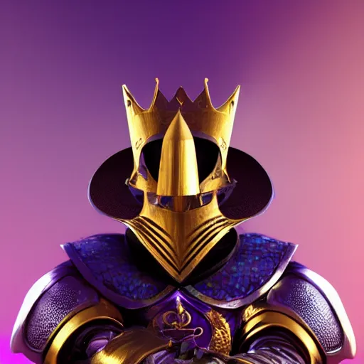 Image similar to a highly detailed knight with glowing purple eyes in a T golden helmet and a golden crown with a blue diamond in the center, golden armor, leather clothes under the armor, leather gloves, holds a black sword, artstation, DeviantArt, professional, octane render, sunset lighting