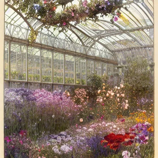 Image similar to a beautifull intricate watercolour painting of a greenhouse with many flowers, reflexions, verry high details by william turner art, greg rutkowski and alphonse mucha, trending on artstation, very very detailed, masterpiece, - h 7 0 4