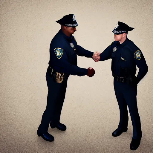Prompt: A police officer shaking hands with a sheriff, photorealistic