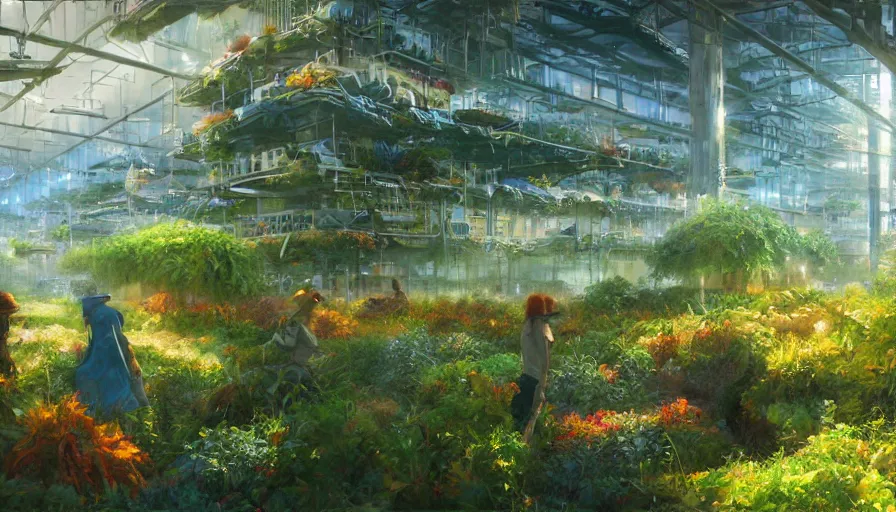 Image similar to craig mullins and ghibli digital illustration of solarpunk vertical farms, fields of crops and hydroponics under a force field, colorful, unreal engine, hyper realism, realistic shading, cinematic composition, realistic render, octane render, detailed textures, photorealistic, wide shot