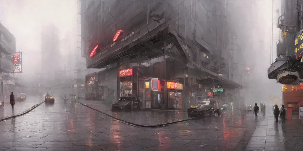 Image similar to a highly detailed epic cinematic concept art CG render digital painting artwork: Tokyo gas station, fog. By Greg Rutkowski, in the style of Francis Bacon and Syd Mead and Norman Rockwell and Beksinski, open ceiling, highly detailed, painted by Francis Bacon and Edward Hopper, painted by James Gilleard, surrealism, airbrush, Ilya Kuvshinov, WLOP, Stanley Artgerm, very coherent, triadic color scheme, art by Takato Yamamoto and James Jean