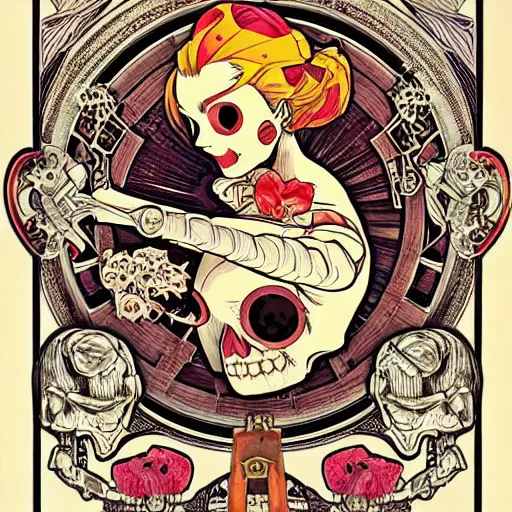 Image similar to manga skull portrait girl female skeleton realism hyperrealistic of princess peach nintendo art Geof Darrow and will cotton alphonse mucha pop art nouveau