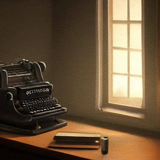 Image similar to painting of a typewriter on a desk in a dimly lit room, volumetric lighting, style of greg rutkowski