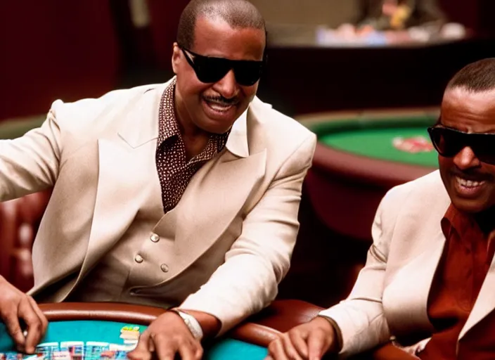 Image similar to film still of Stevie Wonder playing Poker in the new CASINO ROYAL movie, 8k