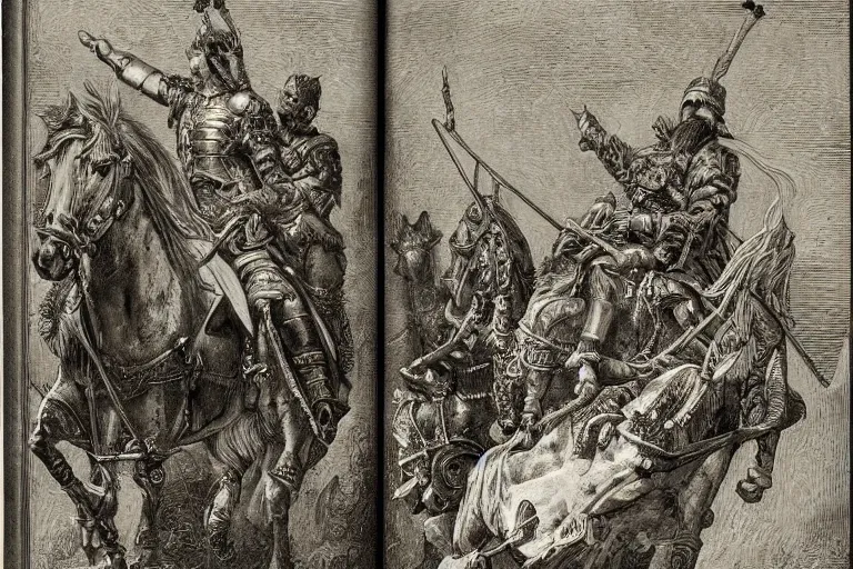 Prompt: highly detailed big open book, open book page, don quixote left the book, symmetrical face, magical, roman myth, masterpiece, highly detailed painting by gustave dore