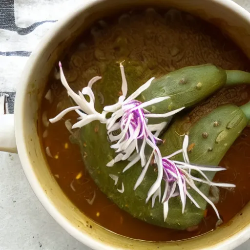 Prompt: nopal growing out of pozole