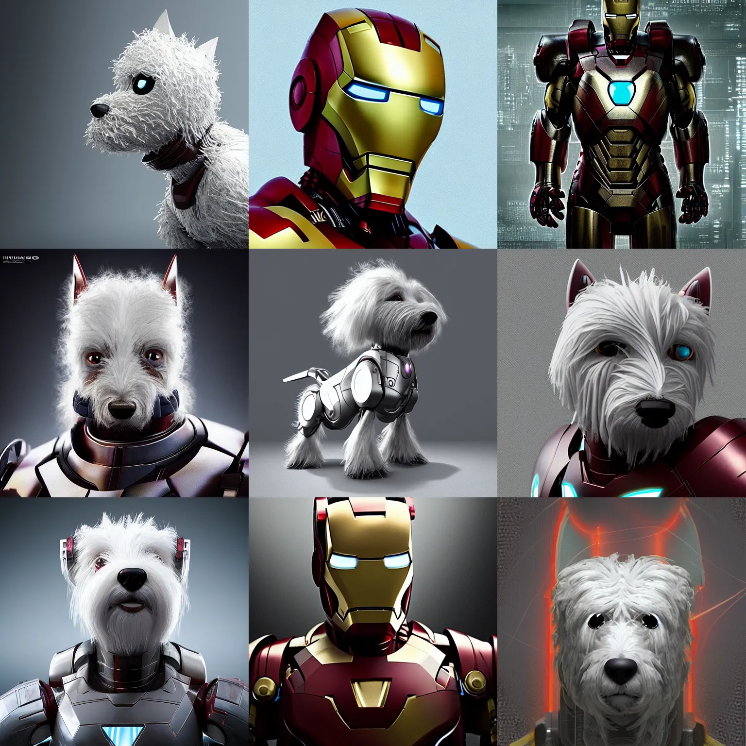 Prompt: “anthropomorphic west-highland-white-terrier iron man, UHD, hyperrealistic render, 4k, cyberpunk”