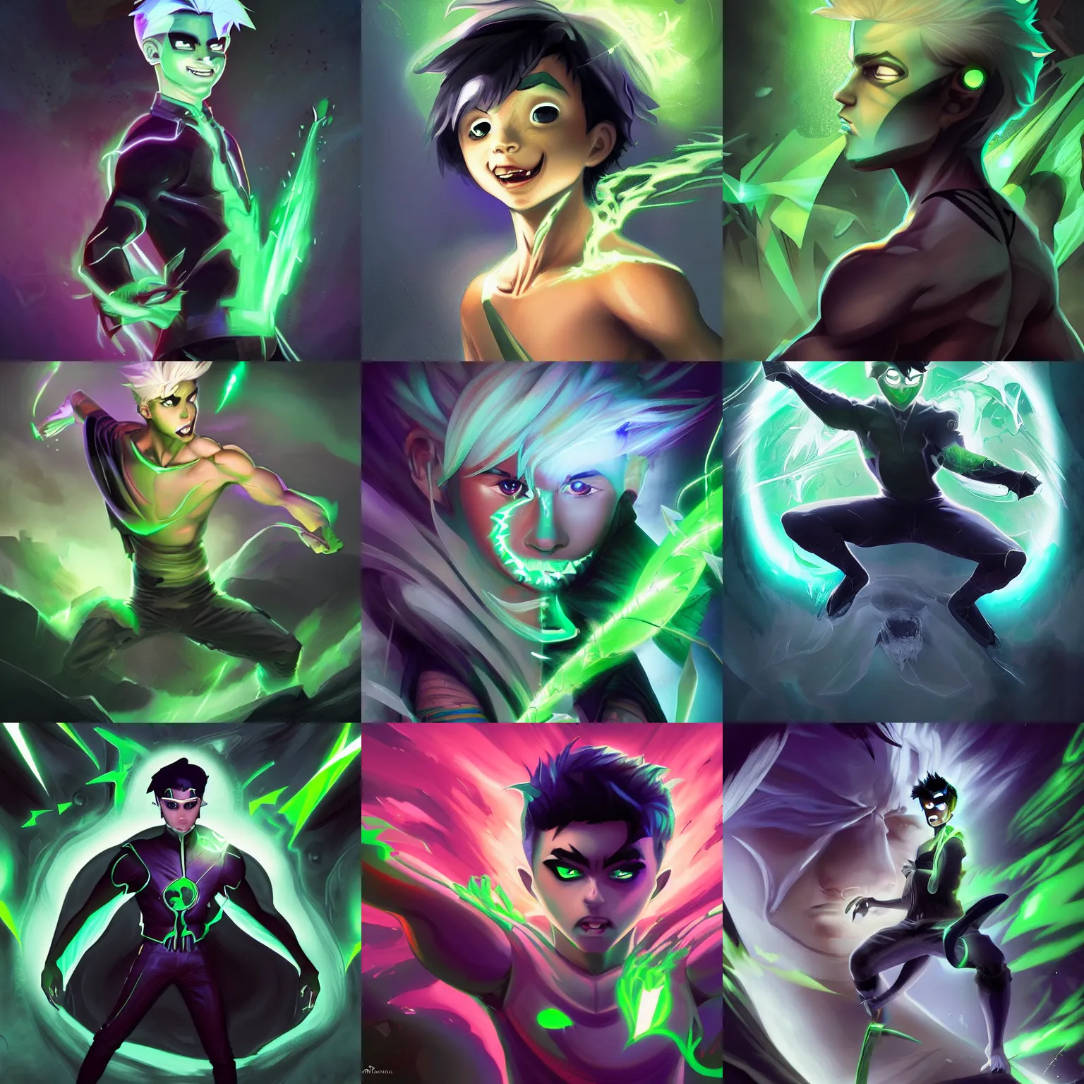 Prompt: Young Danny phantom with glowing green eyes and sharp fangs teeth, alt art, digital matte intricate illustration concept art, by WLOP and Ross Tran and Charlie Bowater and Artgerm and Mark Arian, neon colors, symmetry, greco-roman art, heroic pose, intricate complexity, epic composition, magical atmosphere, highly detailed, photorealistic, cinematic lighting, masterpiece, trending on artstation + 8k