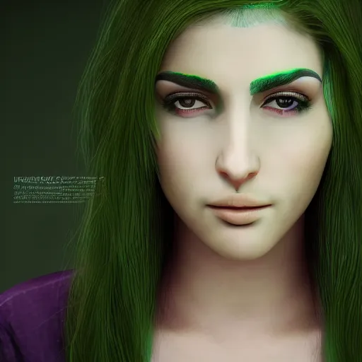 Prompt: portait elissar zakaria khoury lebanese artist, centred, sadness look, long purple hair, hd, unreal engine, final fantasy style amazing green background theme