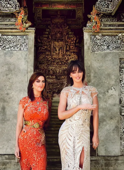 Image similar to portrait of elizabeth hurley and katy perry wearing kebaya in bali temple, by charlotte grimm, natural light, detailed face, beautiful features, symmetrical, canon eos c 3 0 0, ƒ 1. 8, 3 5 mm, 8 k, medium - format print, half body shot