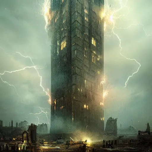 Image similar to a destroyed 1 9 0 0 city with a big tower in the middle covered in mist, lightning bolts hitting and exploding the buildings, by michal karcz