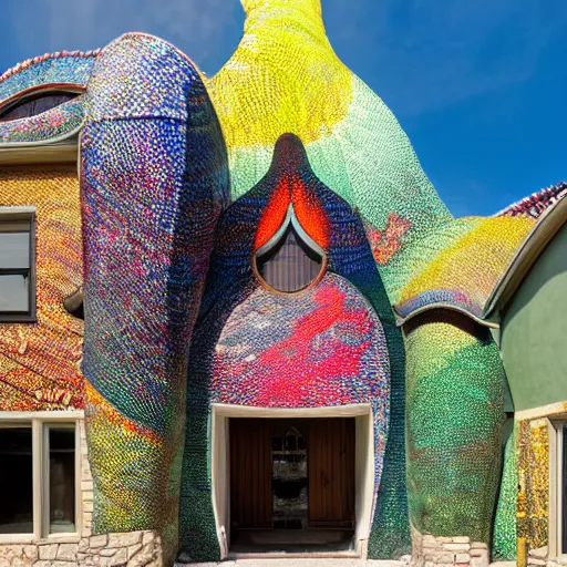 Image similar to The exterior of the house is covered in colorful scales, inspired by a dragon. The windows are large and oval-shaped, like a dragon's eyes. There are two big doors that resemble a dragon's mouth, flanked by two columns that look like horns. photo.