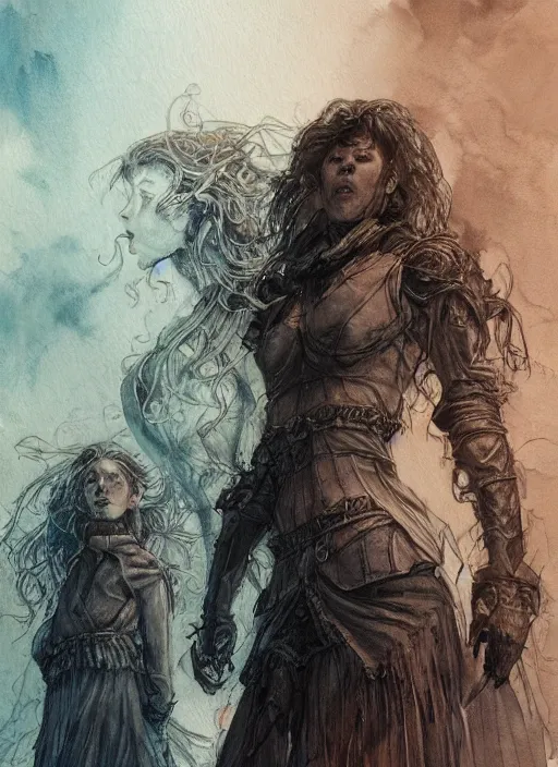 Image similar to portrait, the three sisters of fate, watercolor, dramatic lighting, cinematic, establishing shot, extremely high detail, foto realistic, cinematic lighting, pen and ink, intricate line drawings, by Yoshitaka Amano, Ruan Jia, Kentaro Miura, Artgerm, post processed, concept art, artstation, matte painting, style by eddie mendoza, raphael lacoste, alex ross