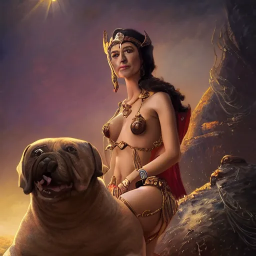 Image similar to Princess Dejah Thoris of Helium with Martian dog Woola, 4k oil on linen by wlop, artgerm, andrei riabovitchev, nuri iyem, james gurney, james jean, greg rutkowski, highly detailed, soft lighting 8k resolution