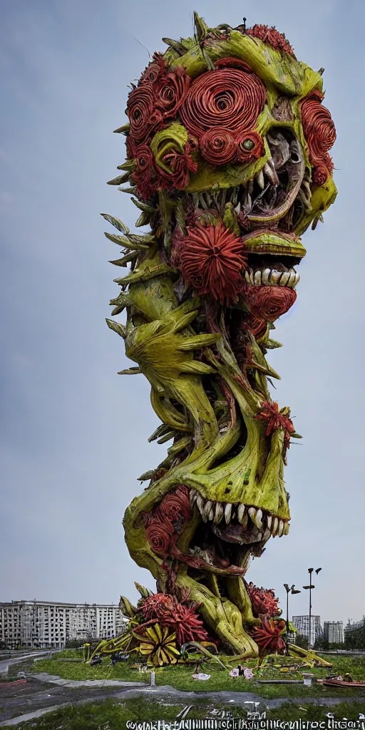 Prompt: colossal grotesque prehistoric alien predator flower made from best unfulfilled mankind projects in the middle of abandoned post soviet constructivist cityscape, Stalinist architecture, ultradetailed, Intricate by Hayao Miyazaki and Josan Gonzalez and Makoto Shinkai and Giuseppe Arcimboldo and Wes Anderson