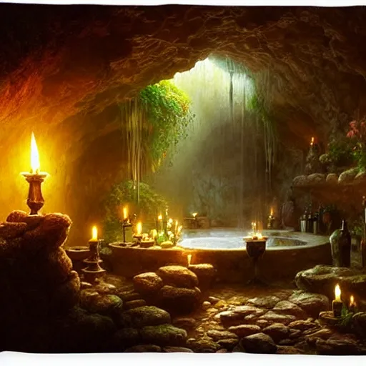 Prompt: cozy bathhouse hidden in a cave, candlelight, towels, cushions, natural light, lush plants and flowers, elegant, intricate, fantasy, atmospheric lighting, by Greg rutkowski