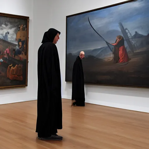 Image similar to the grim reaper standing stoic in black robe, holding scythe, waiting patiently, in a museum with paintings and people, perfect composition, by edmond leighton, simon stalenhag