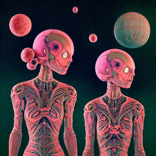 Prompt: twins from out space fractal, dark background, backlit:: by Martine Johanna and Simon Stålenhag and Chie Yoshii and Casey Weldon and Guillermo del toro :: ornate, dynamic, particulate, intricate, elegant, highly detailed, centered, artstation, smooth, sharp focus, octane render, 3d