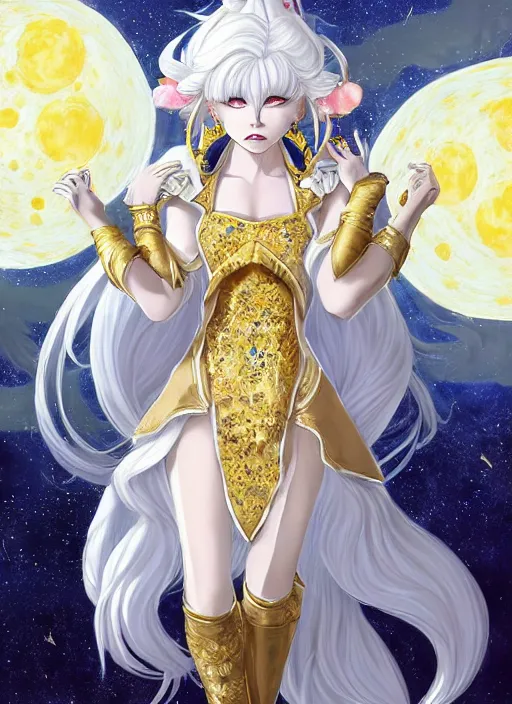 Image similar to commissioned full body portrait of a female anthro werewolf princess fursona with white hair wearing a white and gold Chinese armored dress in a white and gold palace on a starry night with a large crescent moon, by a professional manga illustrator, Stanley Artgerm Lau, WLOP, Rossdraws, James Jean, Andrei Riabovitchev, Marc Simonetti, and Sakimichan, trending on artstation