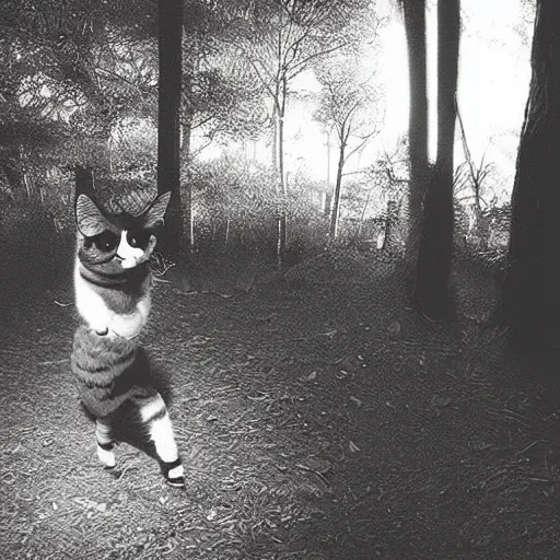 Image similar to cosplay cat girl caught on midnight trail cam, black and white