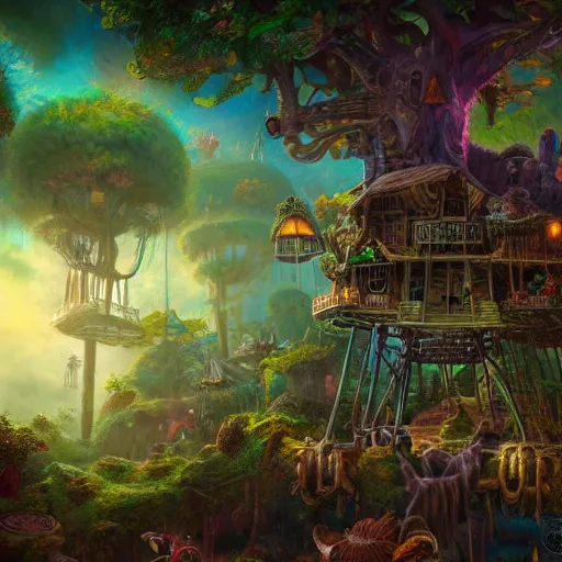 Image similar to tikipunk treehouse, fantasy oil painting, fine art, cinematic lighting, framed focus, hyperdetailed, 8k, high resolution, insanely detailed and intricate, surreal, trending on artstation, octane render