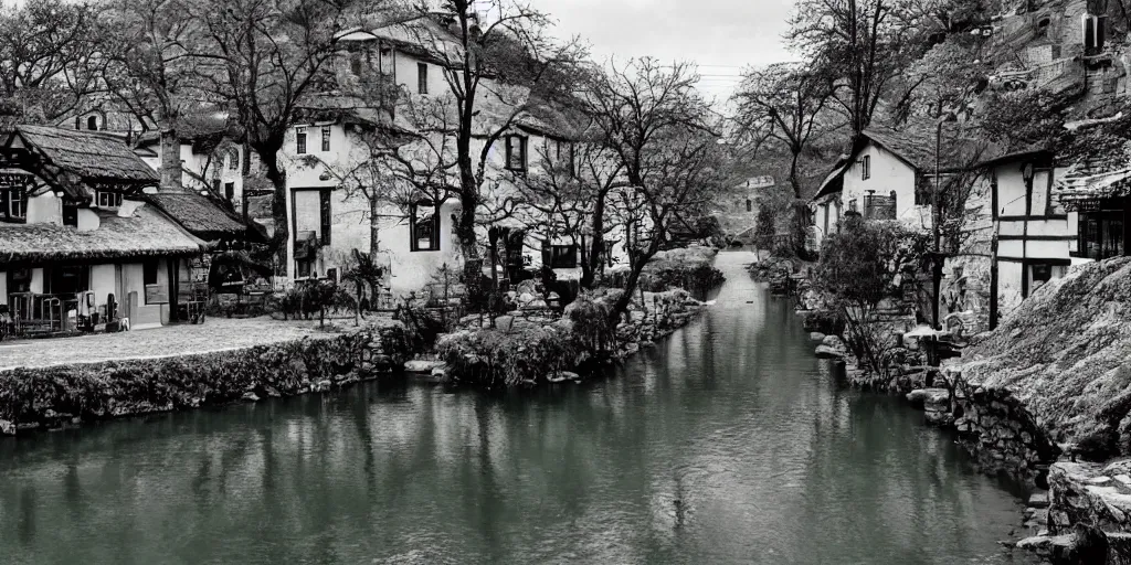 Prompt: a river winding through a small village, in the style of march comes in like a lion, stylized, vibrant, warm