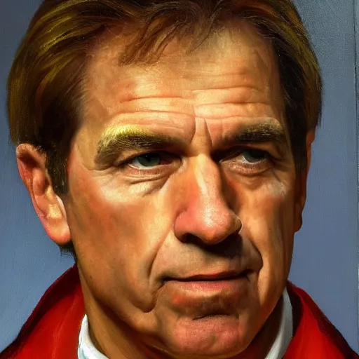 Image similar to renaissance portrait of nick saban, oil on canvas 4k, realism, detailed, meticulous