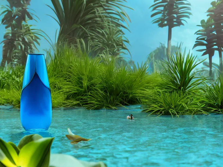 Image similar to perfume bottle standing in a desert oasis in deep blue pond water surrounded by tropical flowers by zaha hadid ; octane highly render, 4 k, ultra hd, 2 0 0 mm, mute dramatic colours, soft blur outdoor stormy sea background, up close shot, sharp focus, global illumination, irakli nadar