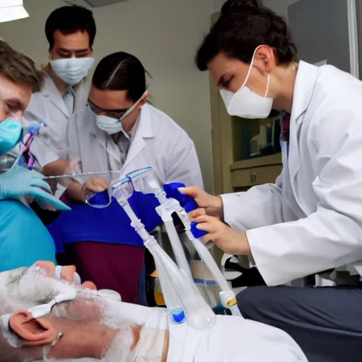 Prompt: doctors playing musical instruments made out of medical supplies, made out of clear tubing, syringes, urine collection bag, iv pole, fluid bag, nebulizer equipment, bag - valve mask, intubation equipment, speculum, defibrillator, flexiseal.